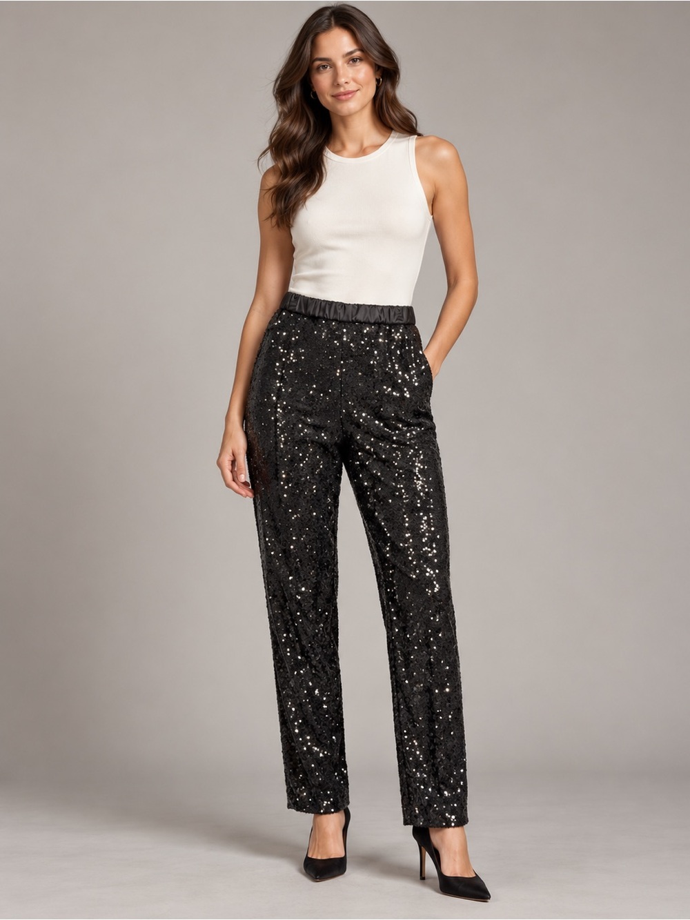 Reitmans Black Sequin Straight-Leg Pants